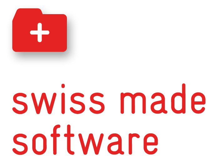 A red folder icon with a white plus sign sits above the red lowercase text "swiss made software" and is associated with F24 Schweiz II GmbH on a light gray background.
