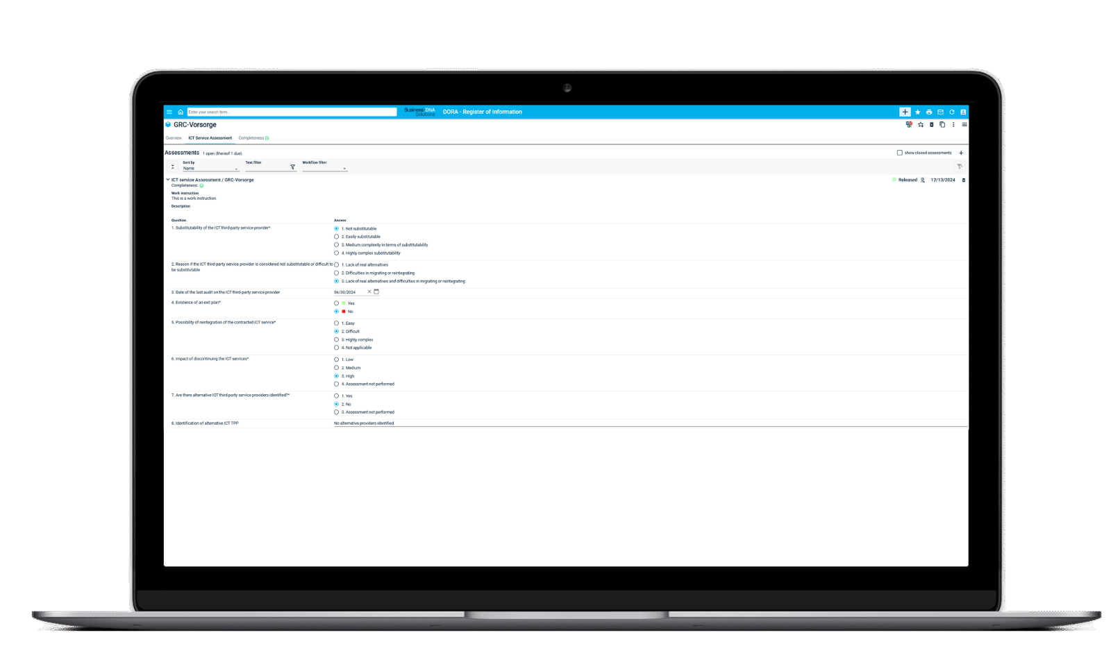ICT-Service-Assessment im DORA-Modul von TopEase mit Bewertung von Substituierbarkeit, Ausstiegsplan, Reintegration und alternativen Anbietern.