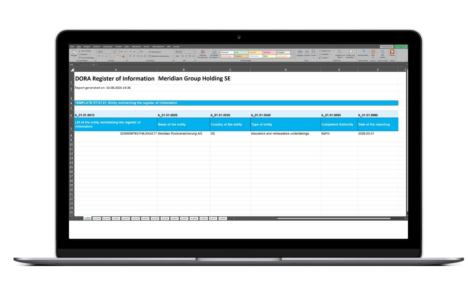 DORA-Informationsregister (Register of Information) als Excel-Export aus TopEase im EBA-Meldeformat, Template RT.01.01.