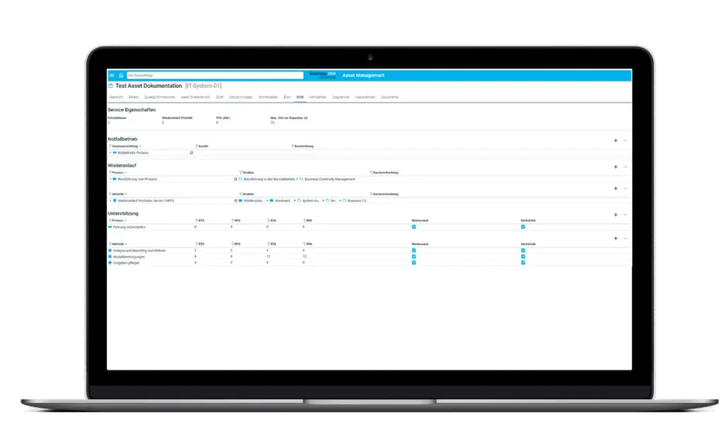 SCM-Ansicht eines Assets im TopEase Enterprise Asset Management mit Wiederanlauf-Kennzahlen (RTO, RPO, RTA, RPA) und Notfallprozessen – direkt aus der TopEase BCM-Solution verknüpft, sodass Asset Management und Business Continuity Management auf einer gemeinsamen Datenbasis laufen.