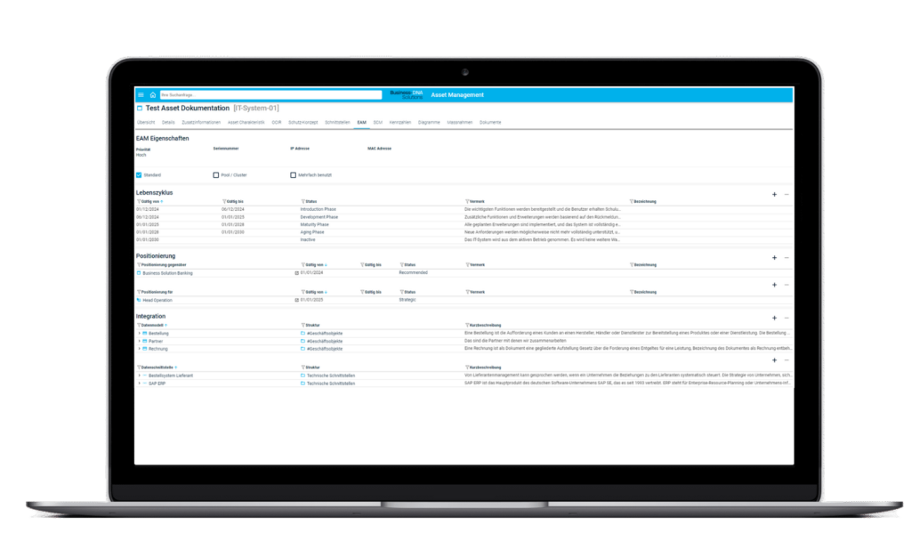 TopEase EAM-Ansicht eines IT-Systems mit Asset Lifecycle Management – Lebenszyklus-Phasen von der Einführung bis zur Ausserbetriebnahme, strategischer Positionierung und Integration über Datenmodell und technische Schnittstellen.