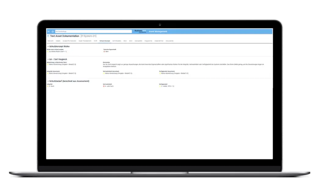 Schutz-Konzept eines Assets im TopEase Enterprise Asset Management: Der Schutzbedarf für Integrität, Vertraulichkeit und Verfügbarkeit wird direkt aus der verknüpften TopEase ISMS-Solution vererbt – modularer Aufbau mit gemeinsamer Datenbasis statt redundanter Pflege.