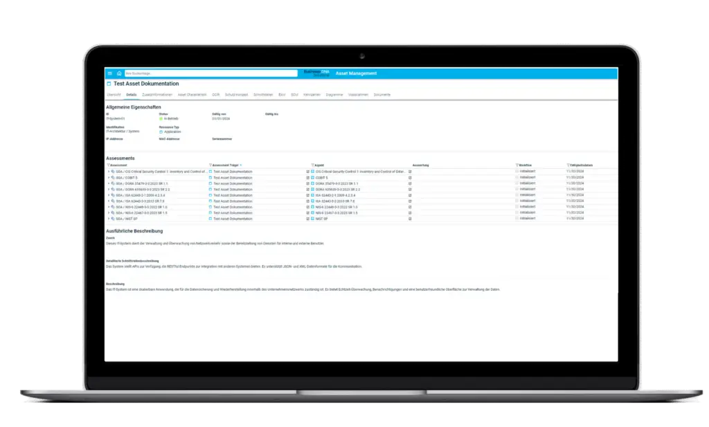 Detailansicht eines IT-Assets in der TopEase EAM-Software mit Assessments (Statement of Applicability) gegen Standards wie DORA, NIS-II, ISA 62443 und NIST – direkt aus der TopEase ISMS-Solution mit dem Asset verknüpft für ganzheitliche Asset Governance auf einer modularen GRC-Plattform.